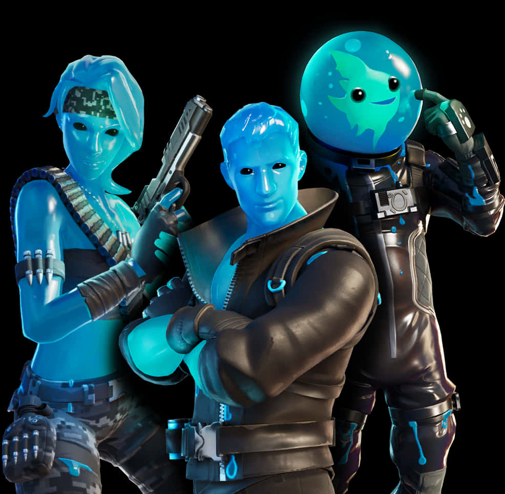 Fortnite Character 桌布 壁紙 — 三個發光的藍色 Fortnite 角色在黑色背景前自信地擺出持武器的姿勢。