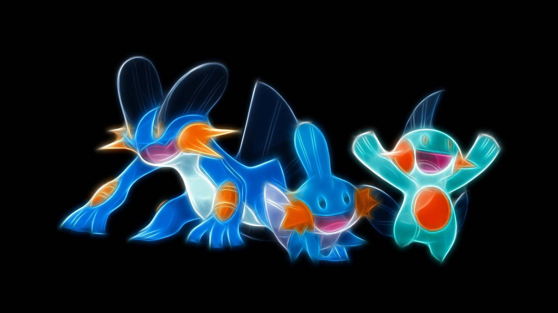 Mudkip 桌布 壁紙 — 三個發光的藍色和橙色寶可夢角色，以霓虹燈勾勒在黑色背景上。