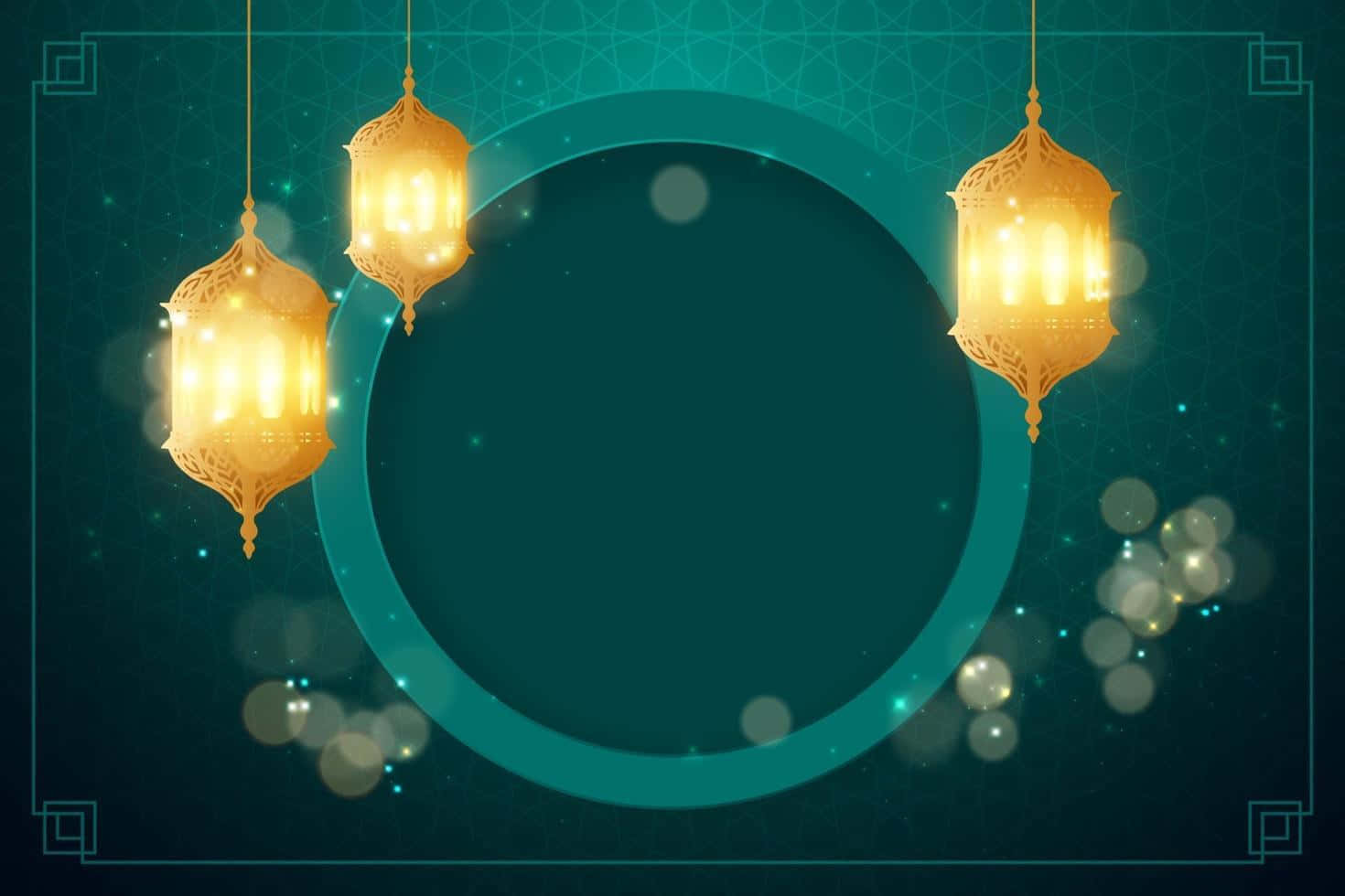 Lantern 桌布 壁紙 — 三個發光的金色燈籠懸掛在帶有散景燈光和中央圓形框架的青色幾何背景上。