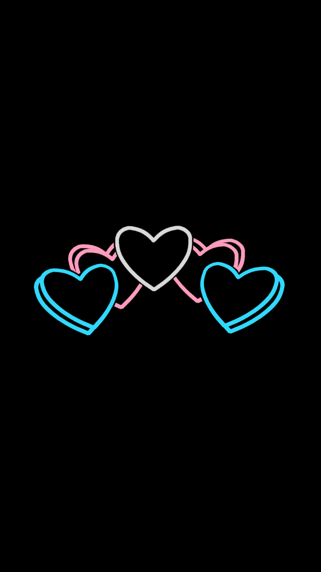 Trans Flag 桌布 壁紙 — 三個發光的霓虹心形，藍色、粉紅色和白色，漂浮在黑色背景上。
