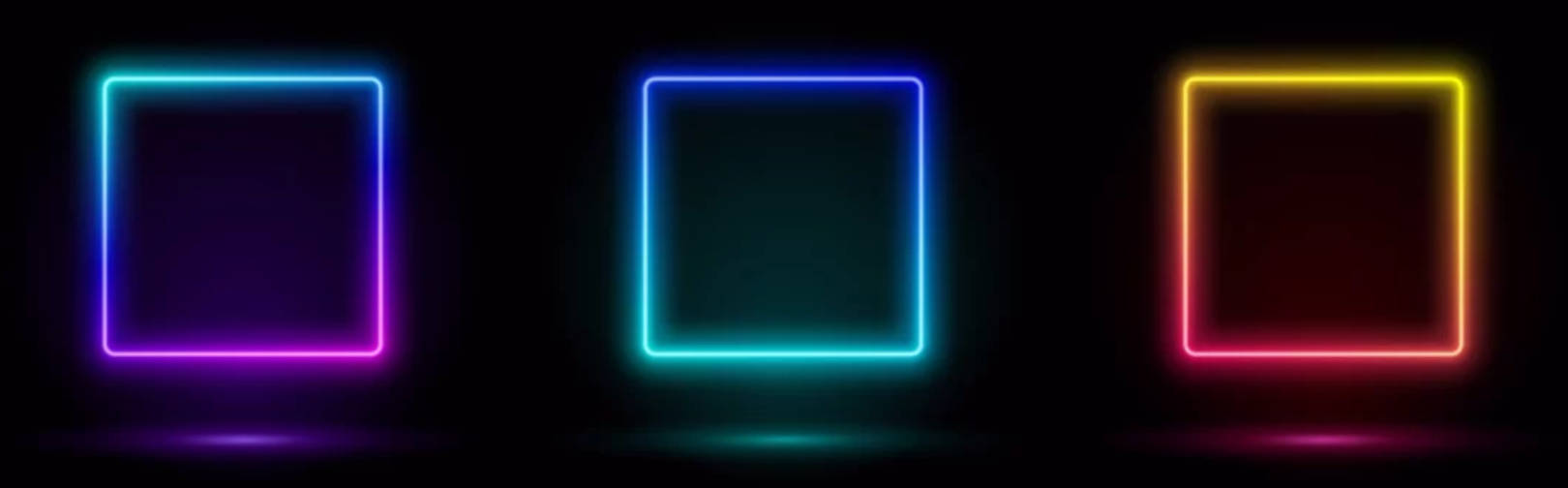 Frame 桌布 壁紙 — 三個發光的霓虹方形框架以鮮豔的色彩在黑暗表面上投射柔和的光線。