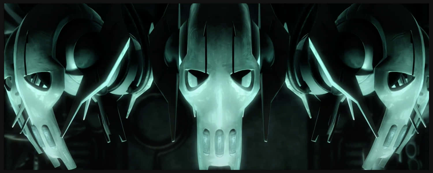 General Grievous 桌布 壁紙 — 三個發光的青綠色機器人頭骨，帶有銳利的稜角特徵，在黑暗詭異的環境中直視前方。