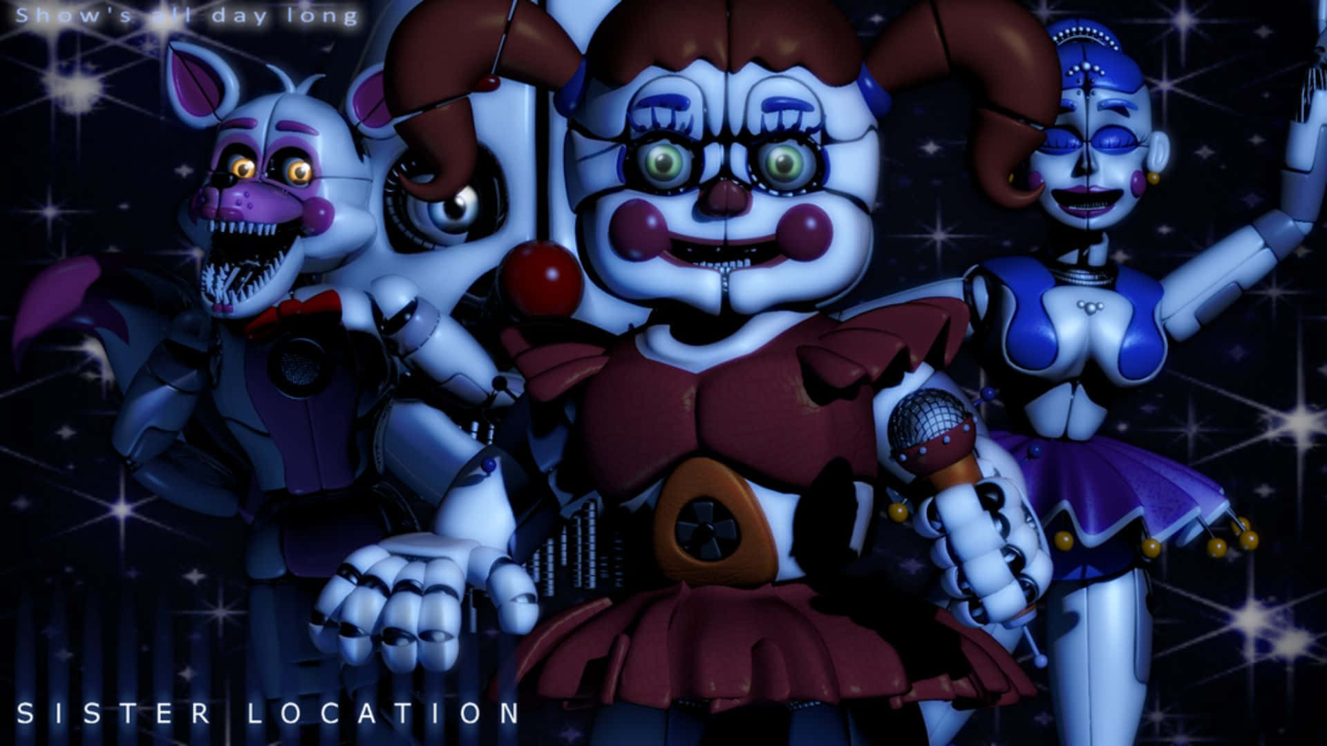 Fnaf Sister Location 桌布 壁紙 — 三個發光眼睛、帶有威脅笑容的電子動畫角色站在星空背景前。