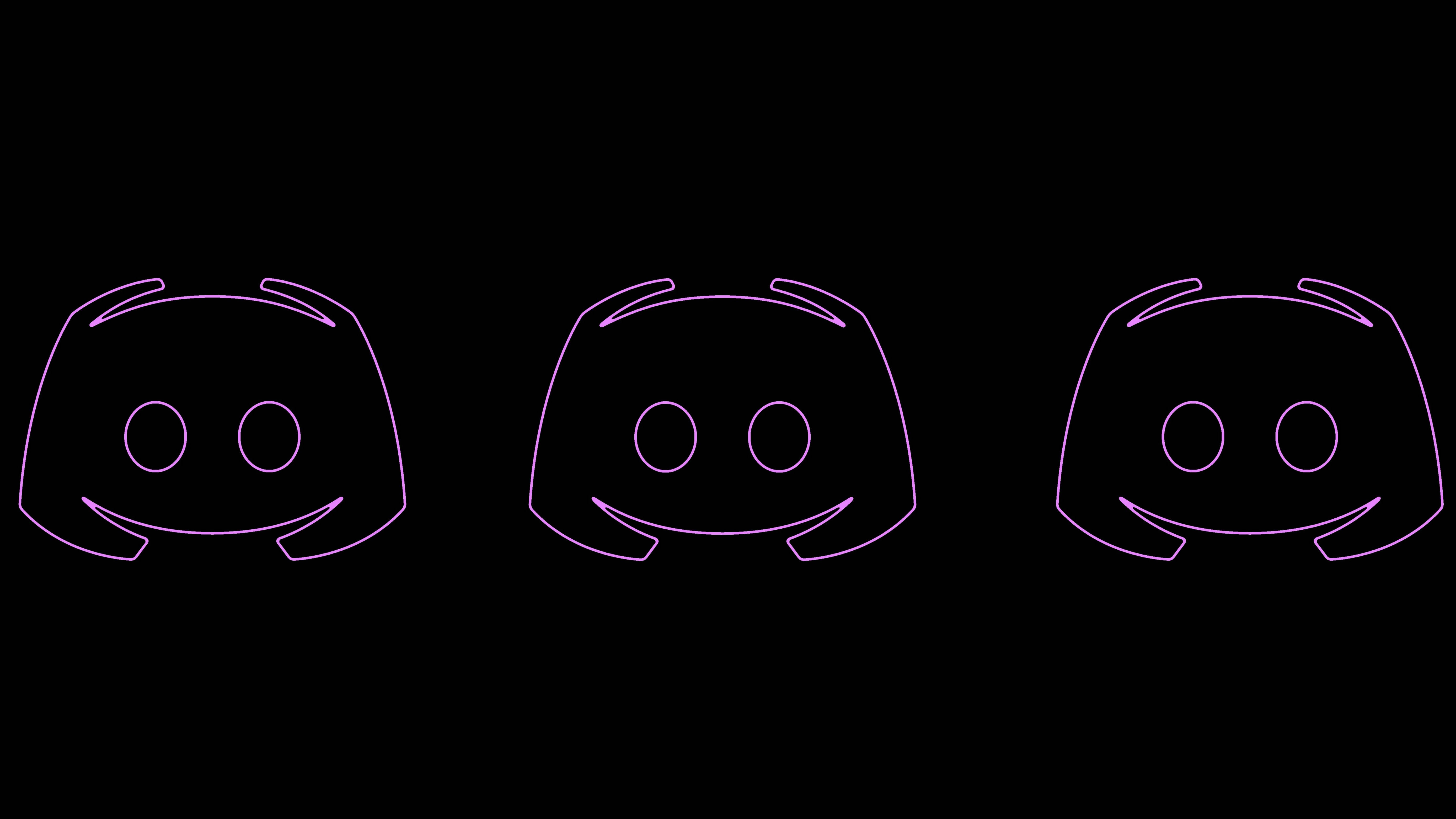 Discord 桌布 壁紙 — 三個發光紫色Discord標誌，以霓虹燈勾勒，襯以黑色背景。