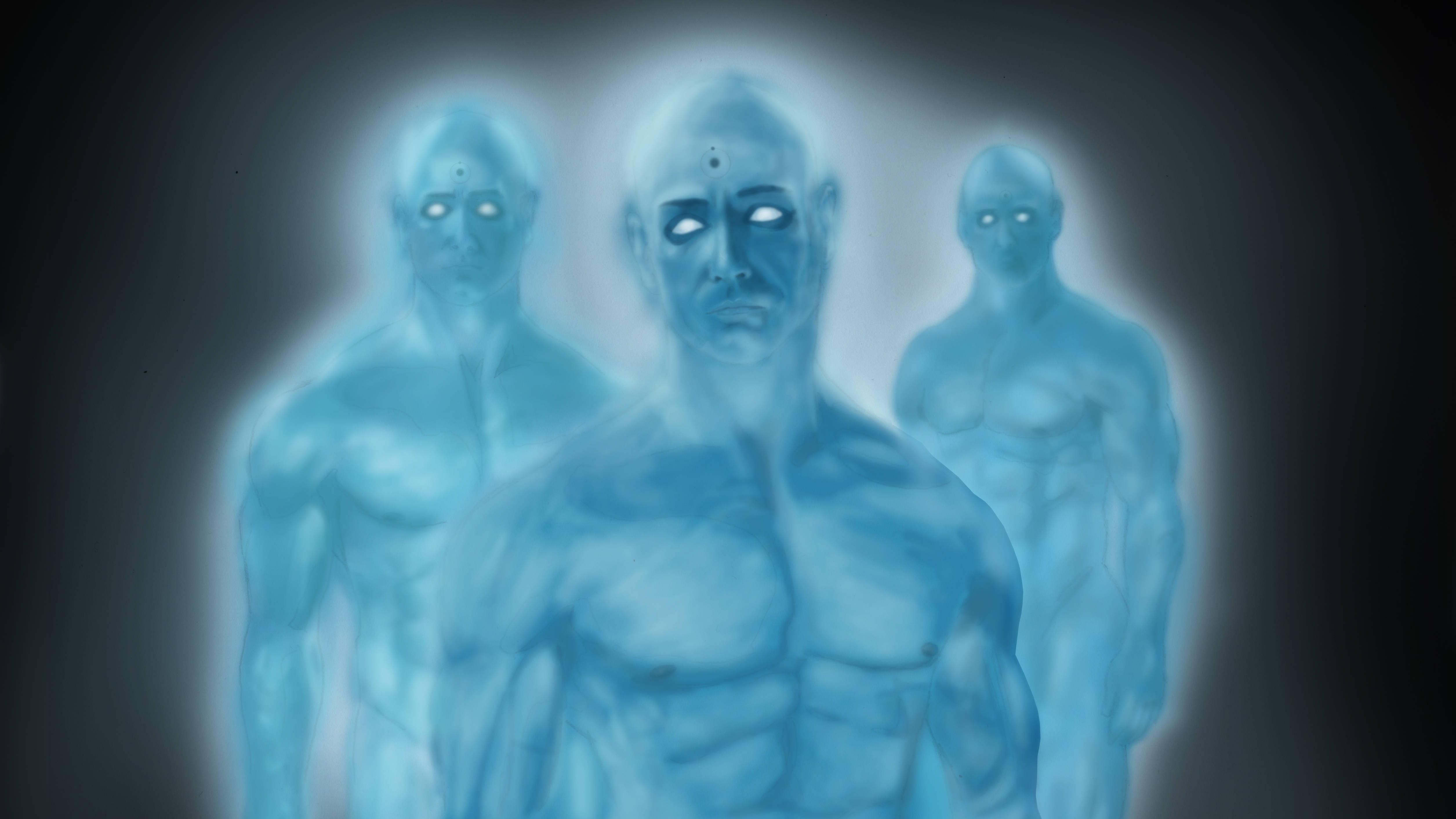 Watchmen 桌布 壁紙 — 三個發光藍色半透明人形身影，帶有發光的眼睛，站立在黑暗空間中，散發出空靈神秘的氣息。