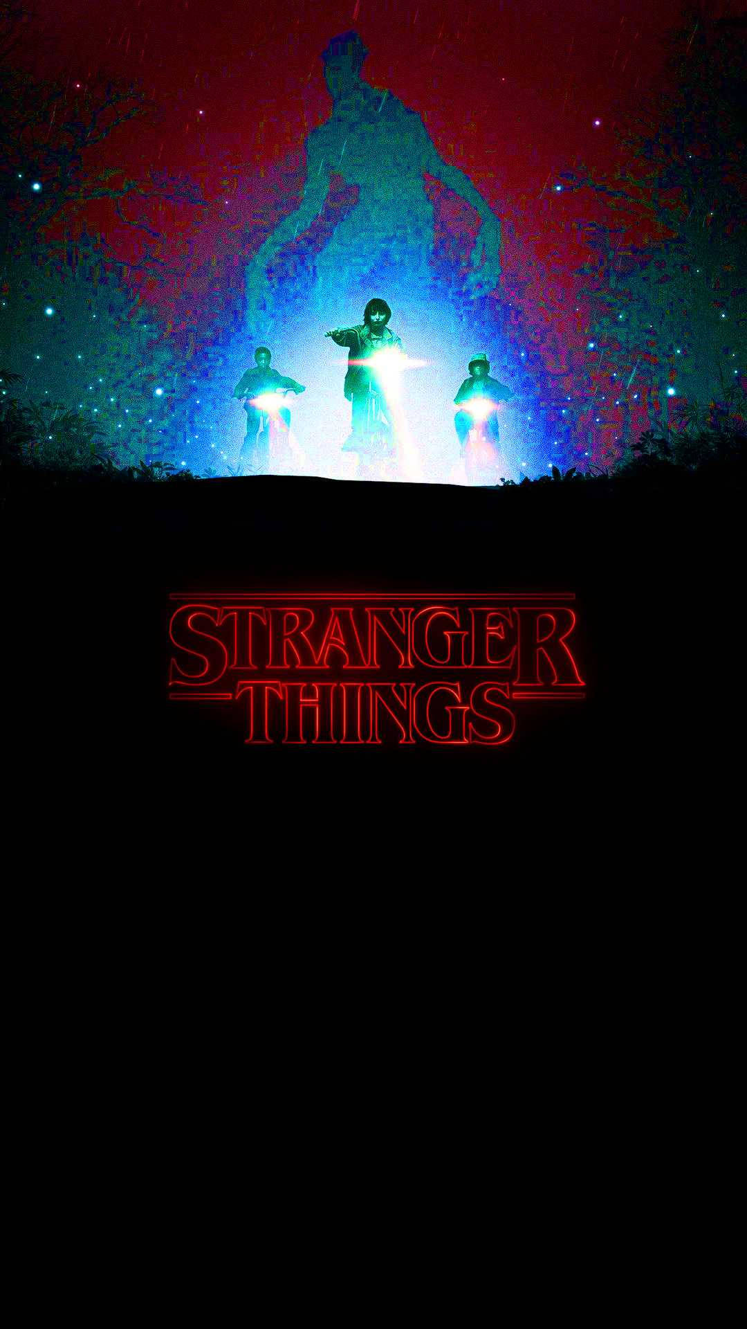 Stranger Things iPhone 桌布 壁紙 — 三個發光雙手的孩子站在一個巨大的陰影人物面前，背景是紅色和藍色的星空。