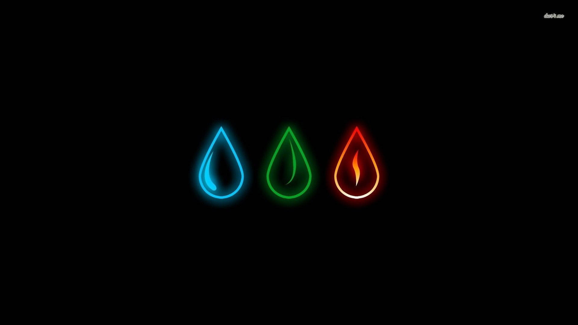 element 桌布 壁紙 — 三個發光霓虹符號，代表水、葉和火焰，漂浮在漆黑的背景上。