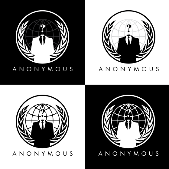 匿名 桌布 壁紙 — 三個白色 Anonymous 標誌，帶有問號頭部和月桂花環，背景為黑色。