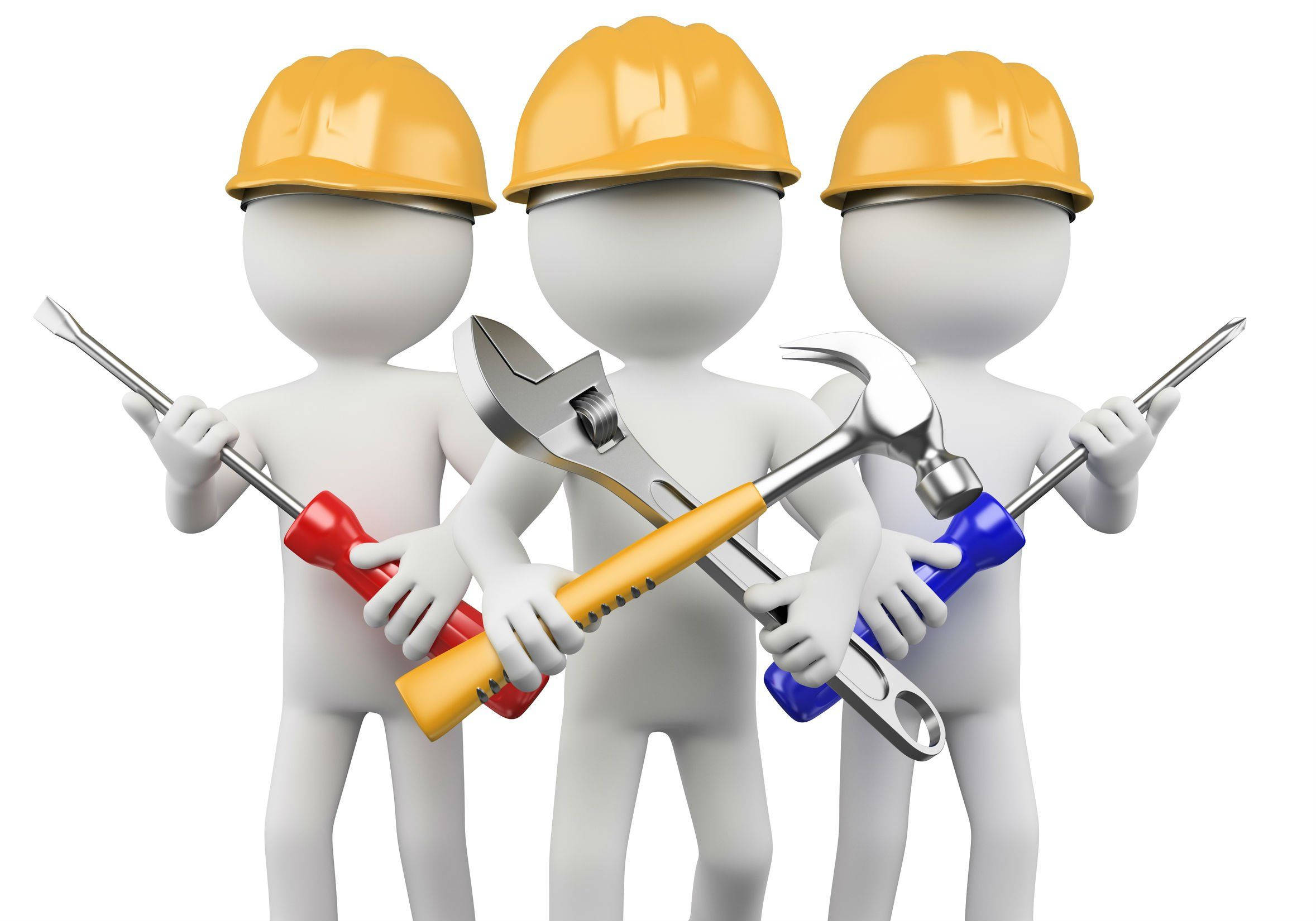 Working 桌布 壁紙 — 三個白色3D渲染的建築工人，戴著黃色安全帽，在白色背景前交叉著工具。