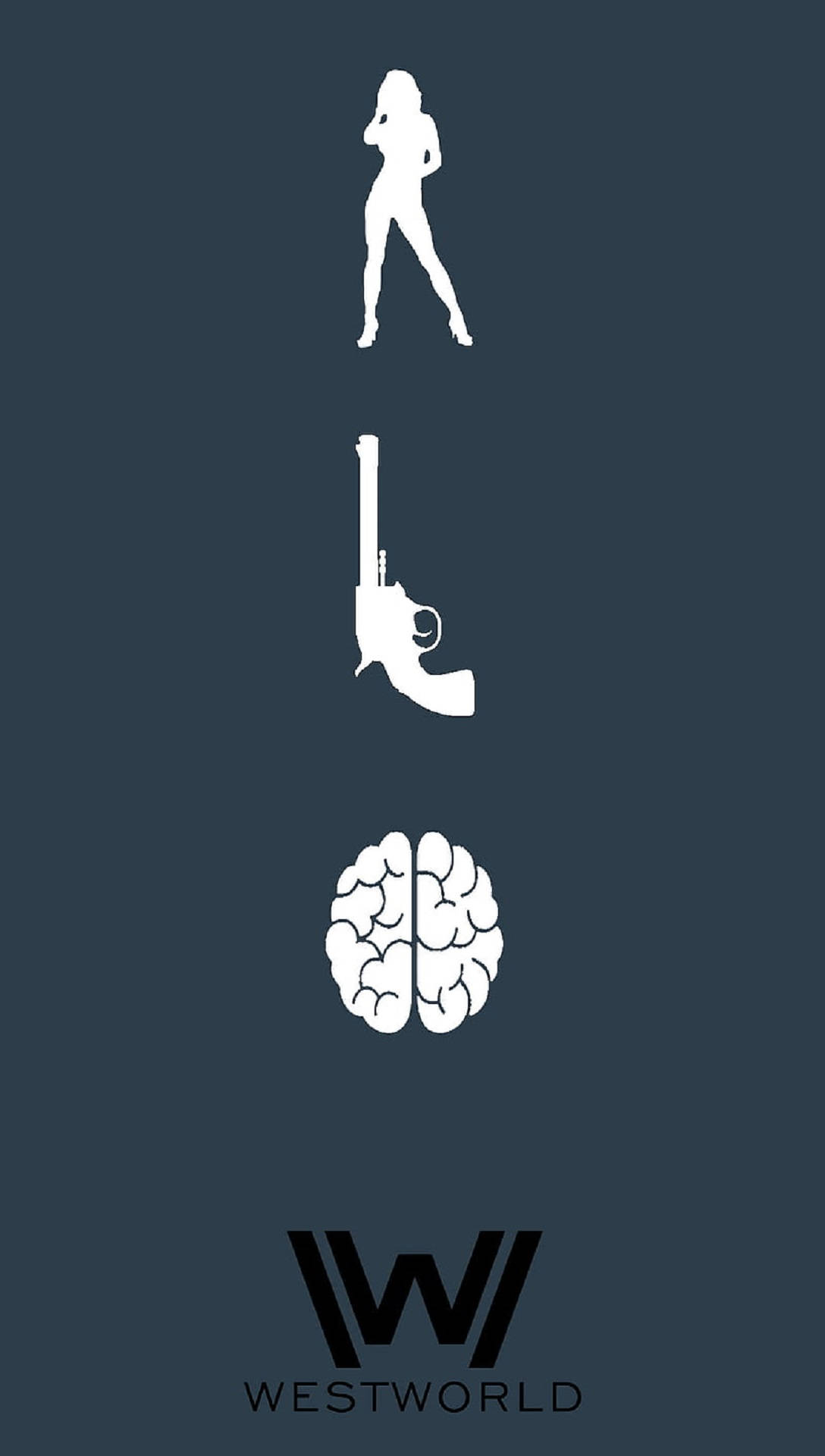 Westworld 桌布 壁紙 — 三個白色極簡圖示：一個女人、一把左輪手槍和一個大腦，垂直漂浮在深青綠色背景上，底部有Westworld標誌。