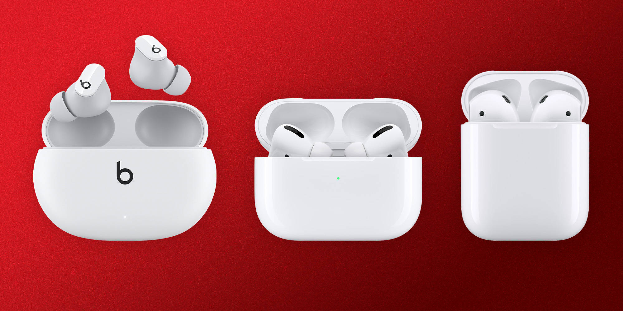 AirPods 桌布 壁紙 — 三個白色無線耳機充電盒連耳機，展示在鮮紅色背景上。