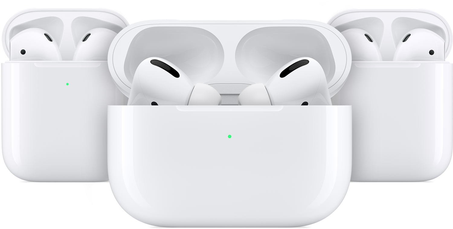 AirPods 桌布 壁紙 — 三個白色無線耳機盒，帶有發光綠色指示燈，打開後露出裡面的耳機。