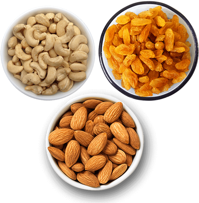 Fruit 桌布 壁紙 — 三個白色碗裝滿腰果、金黃葡萄乾和杏仁，置於純黑背景上。