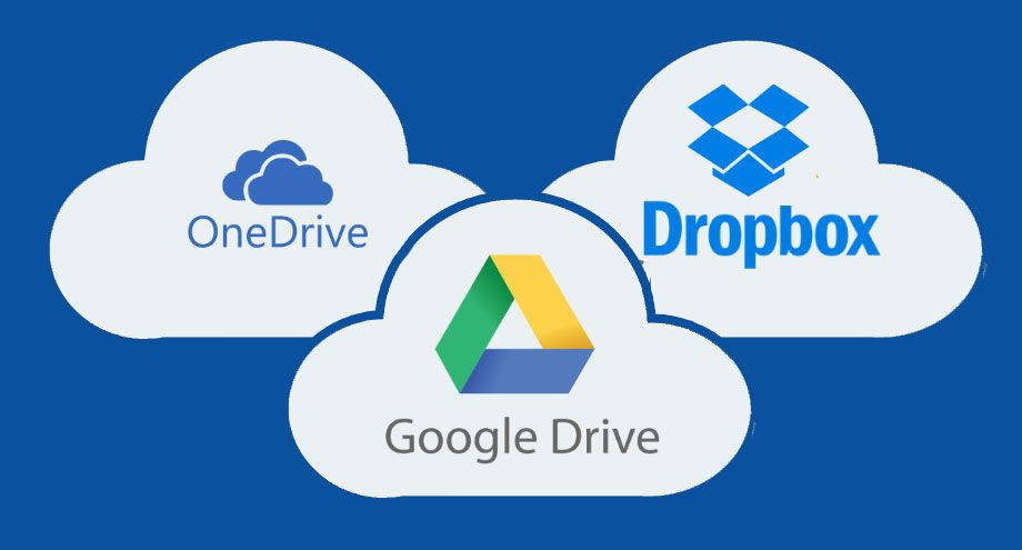 科技動圖 桌布 壁紙 — 三個白色雲朵在藍色背景上，每個都帶有 OneDrive、Dropbox 和 Google Drive 標誌。
