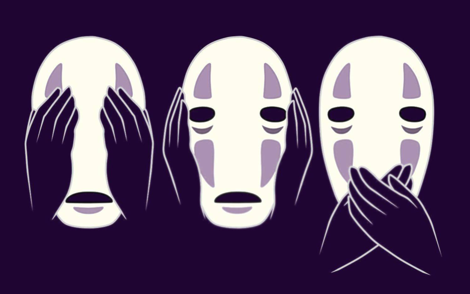 No Face 桌布 壁紙 — 三個白色面具人物在紫色虛空中，雙手遮住眼睛、耳朵和嘴巴，做出沉默的手勢。