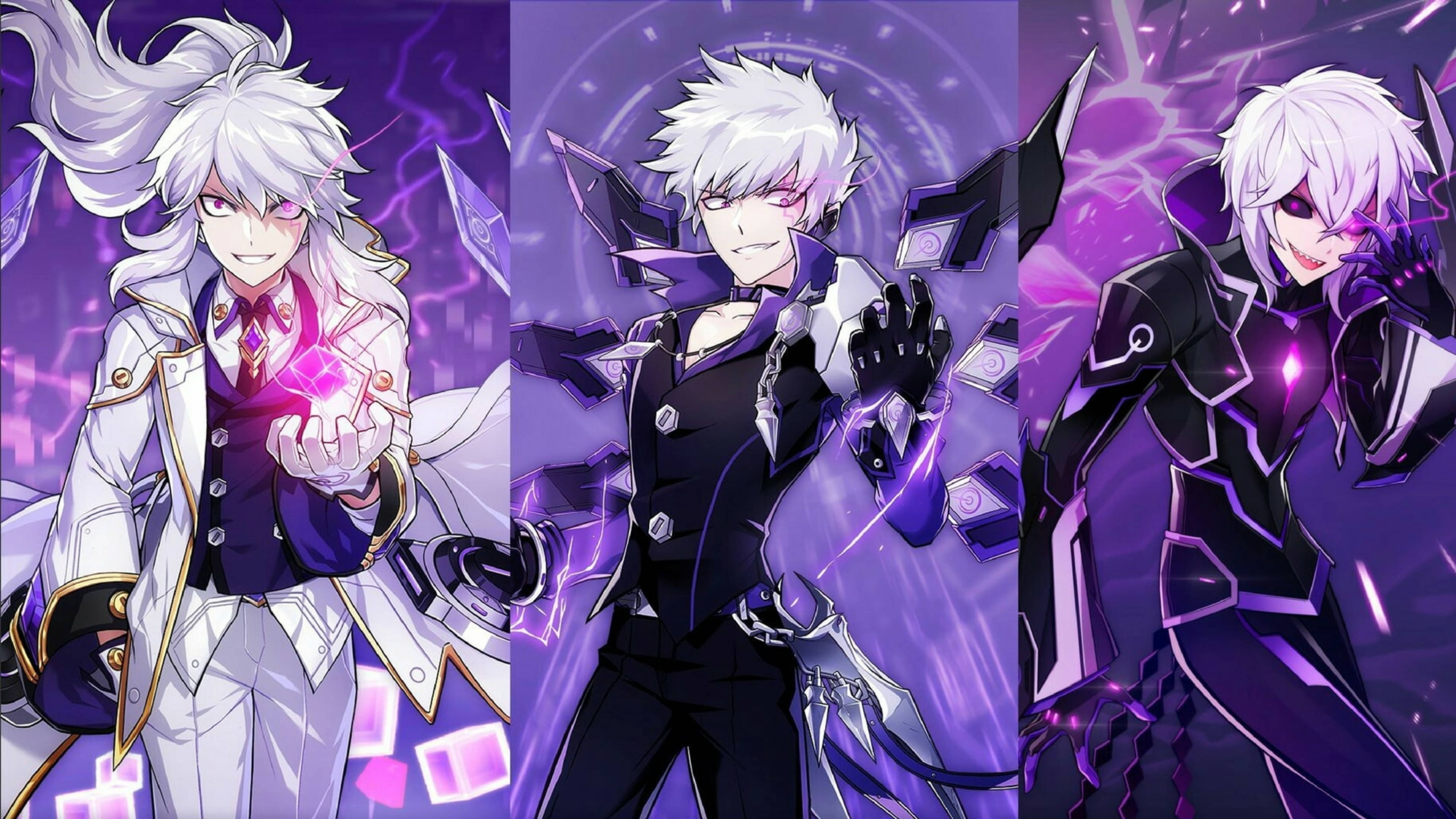Elsword 桌布 壁紙 — 三個白髮及紫色能量的動漫角色在發光的紫色背景前動態擺姿勢。