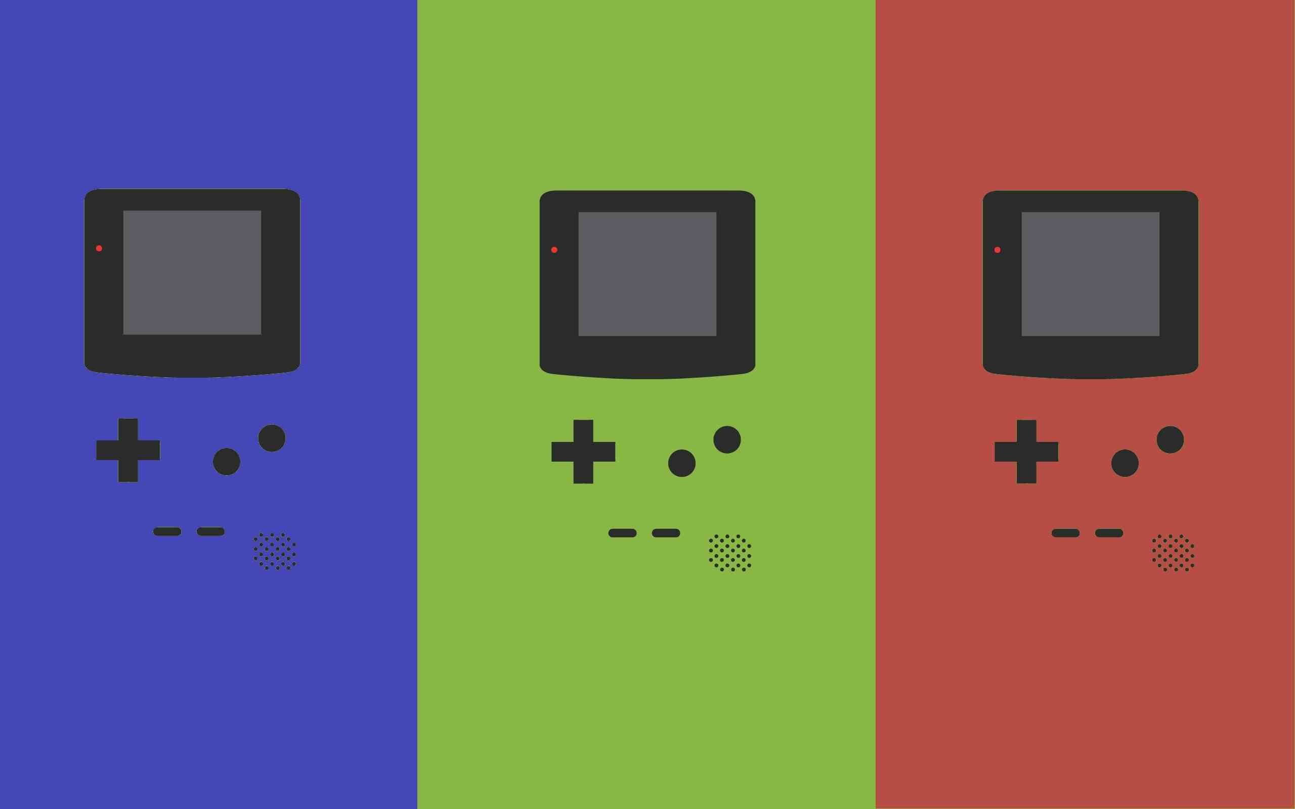 game 桌布 壁紙 — 三個相同的 Game Boy 圖示正面朝向大膽的藍色、綠色和紅色垂直條紋。