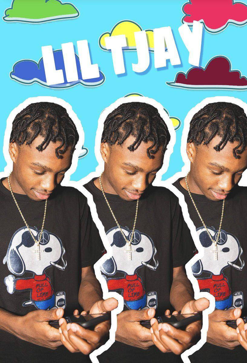 Lil Tjay 桌布 壁紙 — 三個相同的 Lil Tjay 剪影，低頭看著手機，背景是明亮的藍天和色彩繽紛的卡通雲朵。