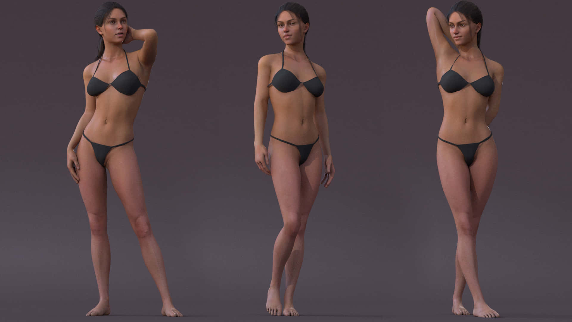 sexy bikini 桌布 壁紙 — 三個相同的3D渲染黑色比基尼女性在純灰色工作室背景前擺姿勢。