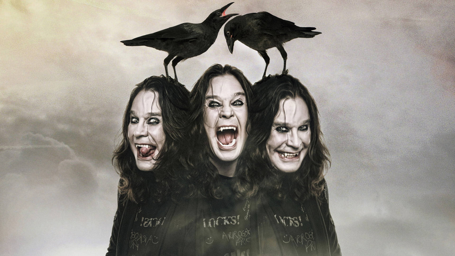 Ozzy Osbourne 桌布 壁紙 — 三個相同的尖叫面孔，烏鴉棲息在它們的頭上，背景是暴風雨般的灰色天空。