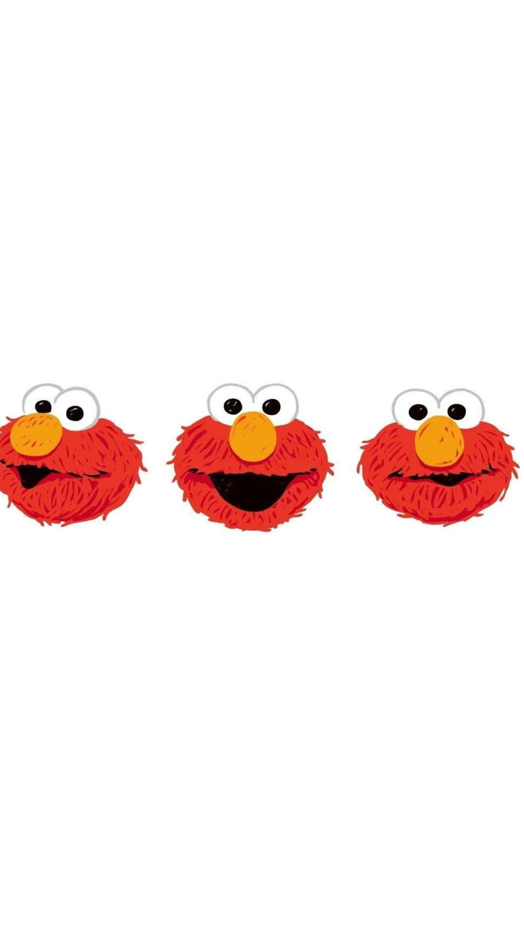 Kaws Sesame Street 桌布 壁紙 — 三個相同的紅色毛絨 Elmo 臉孔，有著大眼睛和微笑的嘴巴，水平排列在純白色背景上。