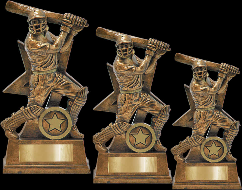 Trophy 桌布 壁紙 — 三個相同的青銅板球獎盃雕像，擊球手擺出姿勢，背景為黑色。