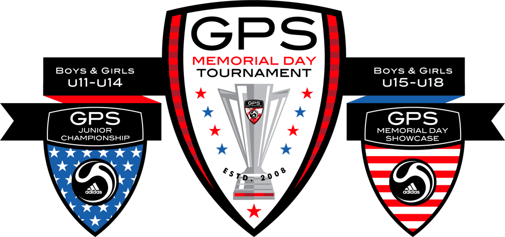 Memorial Day 桌布 壁紙 — 三個盾牌標誌，用於GPS紀念日足球錦標賽，包含獎盃、星星和年齡組別，背景為黑白。