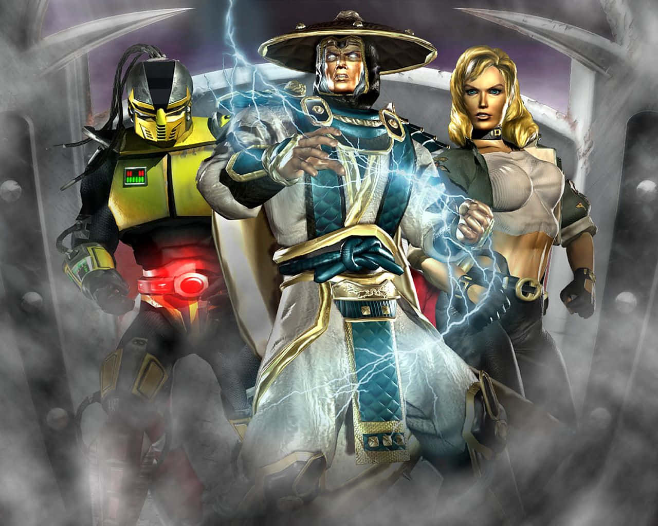 Mortal Kombat Cyrax 桌布 壁紙 — 三個真人快打角色在煙霧瀰漫、戲劇性的競技場中釋放電能，伴隨著發光效果。