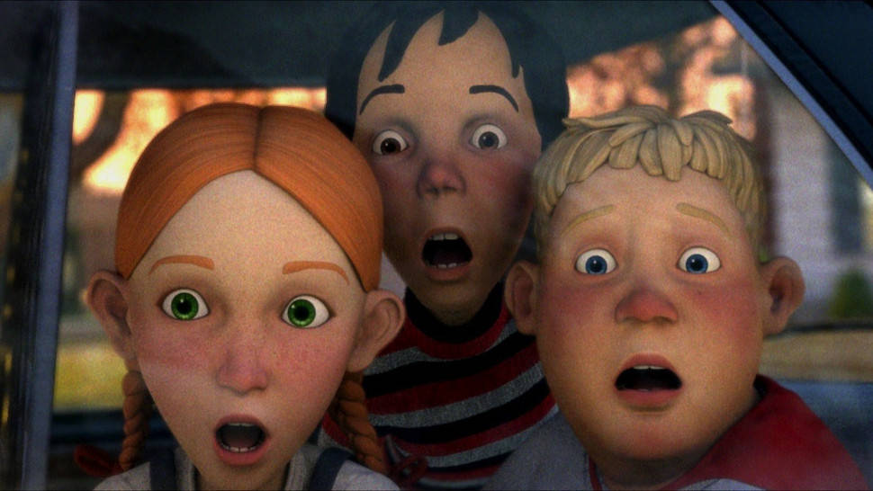 Monster House 桌布 壁紙 — 三個睜大眼睛的動畫小孩從車內震驚地往外看，車外有模糊的秋樹。
