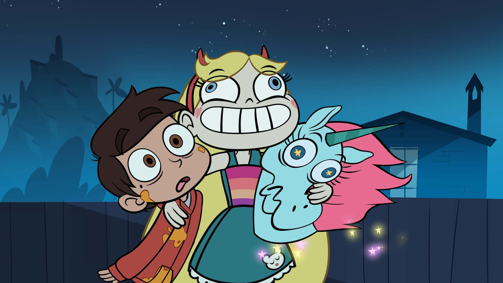 Star Vs The Forces Of Evil 桌布 壁紙 — 三個睜大眼睛的動畫角色和一隻獨角獸在星空下的夜間後院。