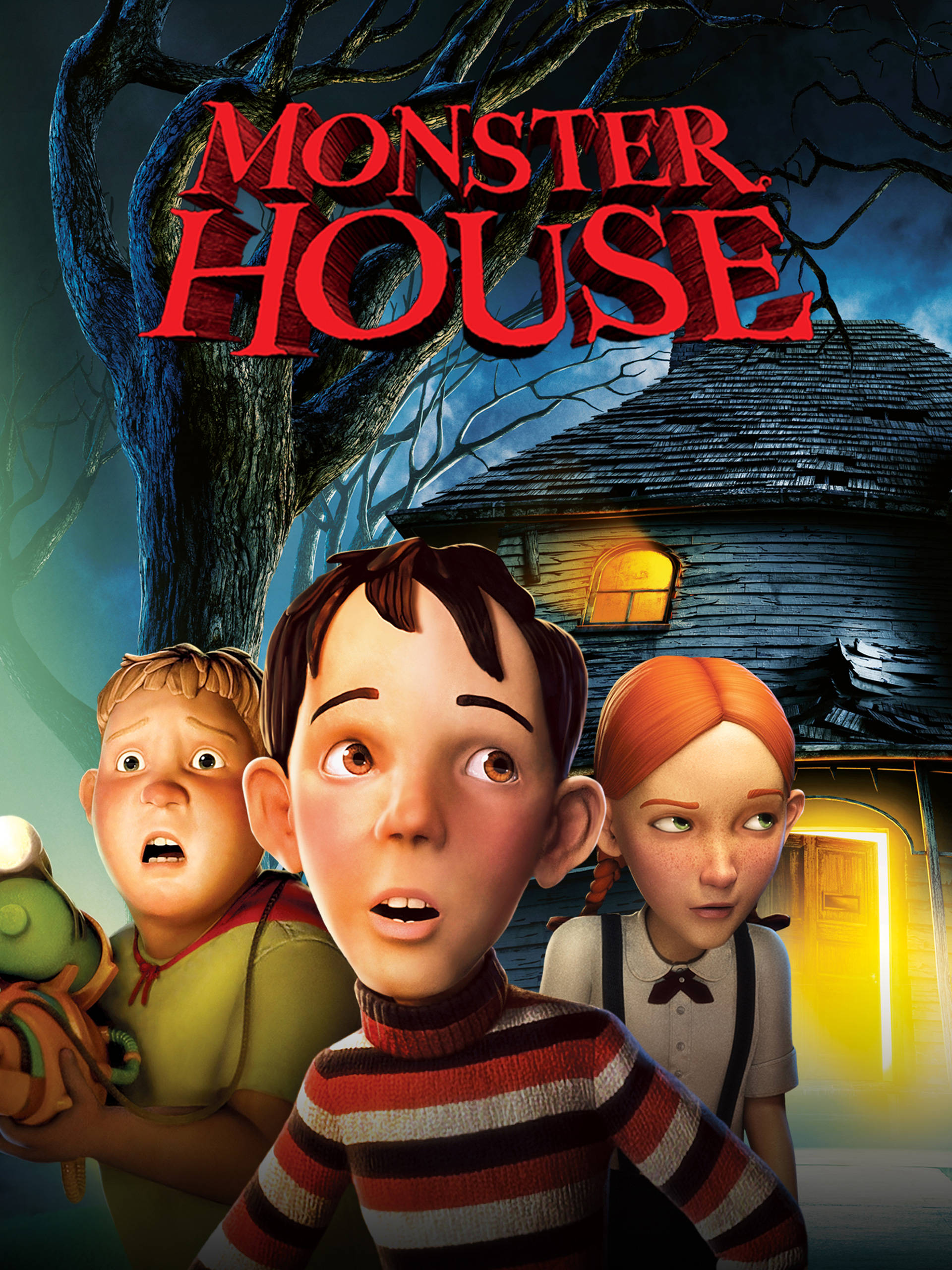 Monster House 桌布 壁紙 — 三個睜大眼睛的孩子在夜晚驚恐地凝視著一棵扭曲樹下若隱若現的鬼屋。