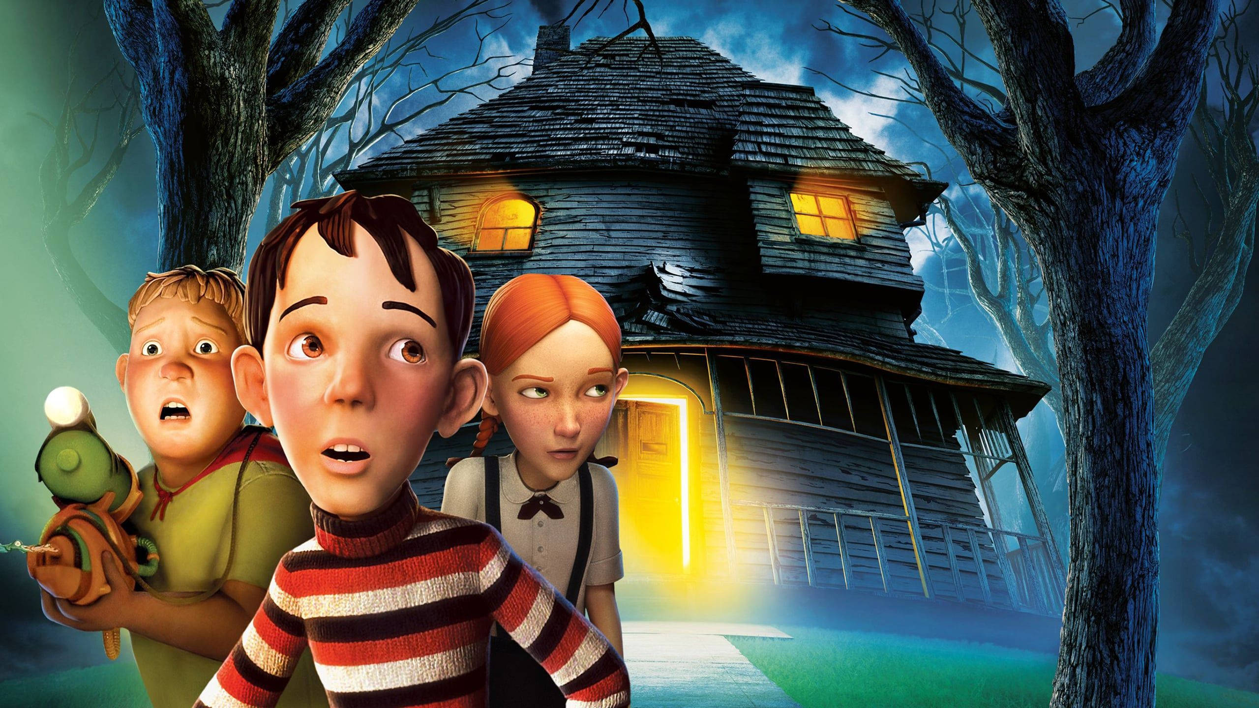 Monster House 桌布 壁紙 — 三個睜大眼睛的孩子站在一個陰森鬼屋前，鬼屋的窗戶在黑暗詭異的天空下發著光。