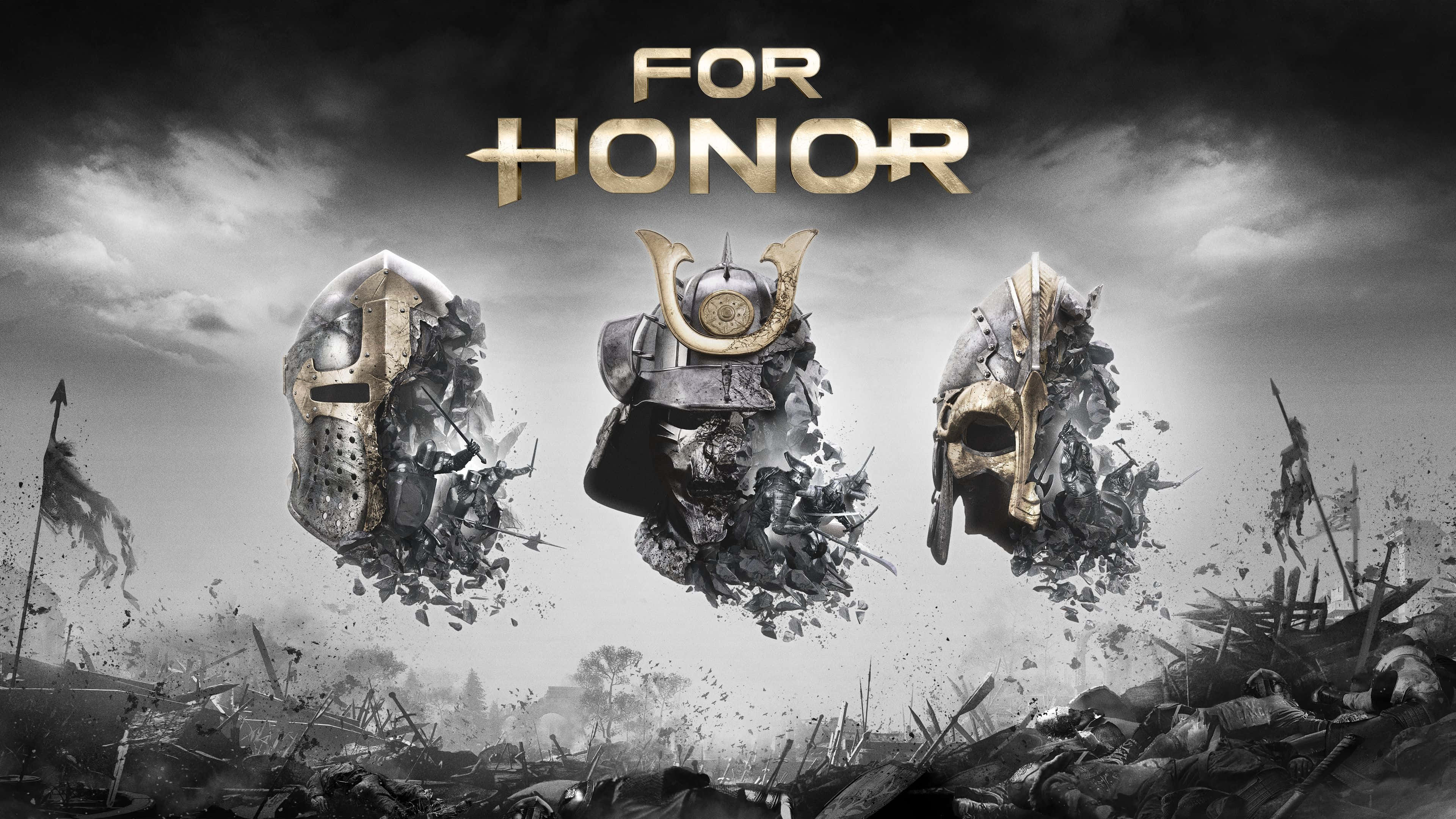 Warden For Honor 桌布 壁紙 — 三個破碎的戰士頭盔在暴風雨天空下漂浮在一個佈滿破爛武器的戰場之上。