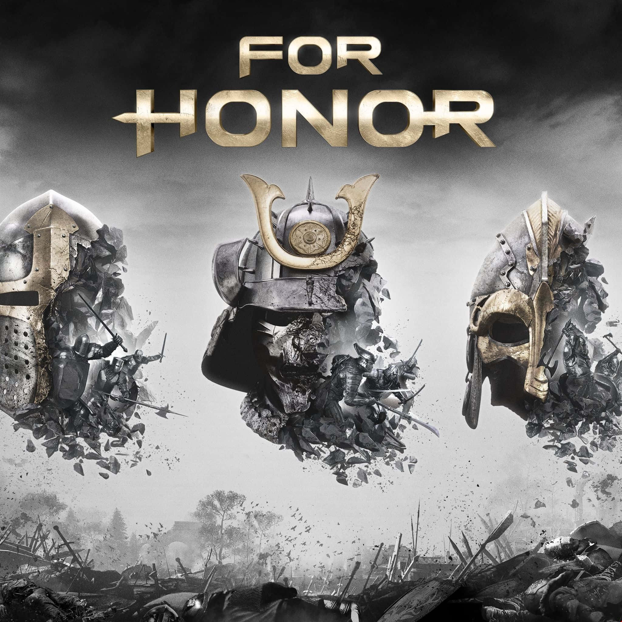 For Honor 桌布 壁紙 — 三個破碎的戰士頭盔漂浮在一個充滿破碎武器和碎片的戰場上空，天空風暴密佈。