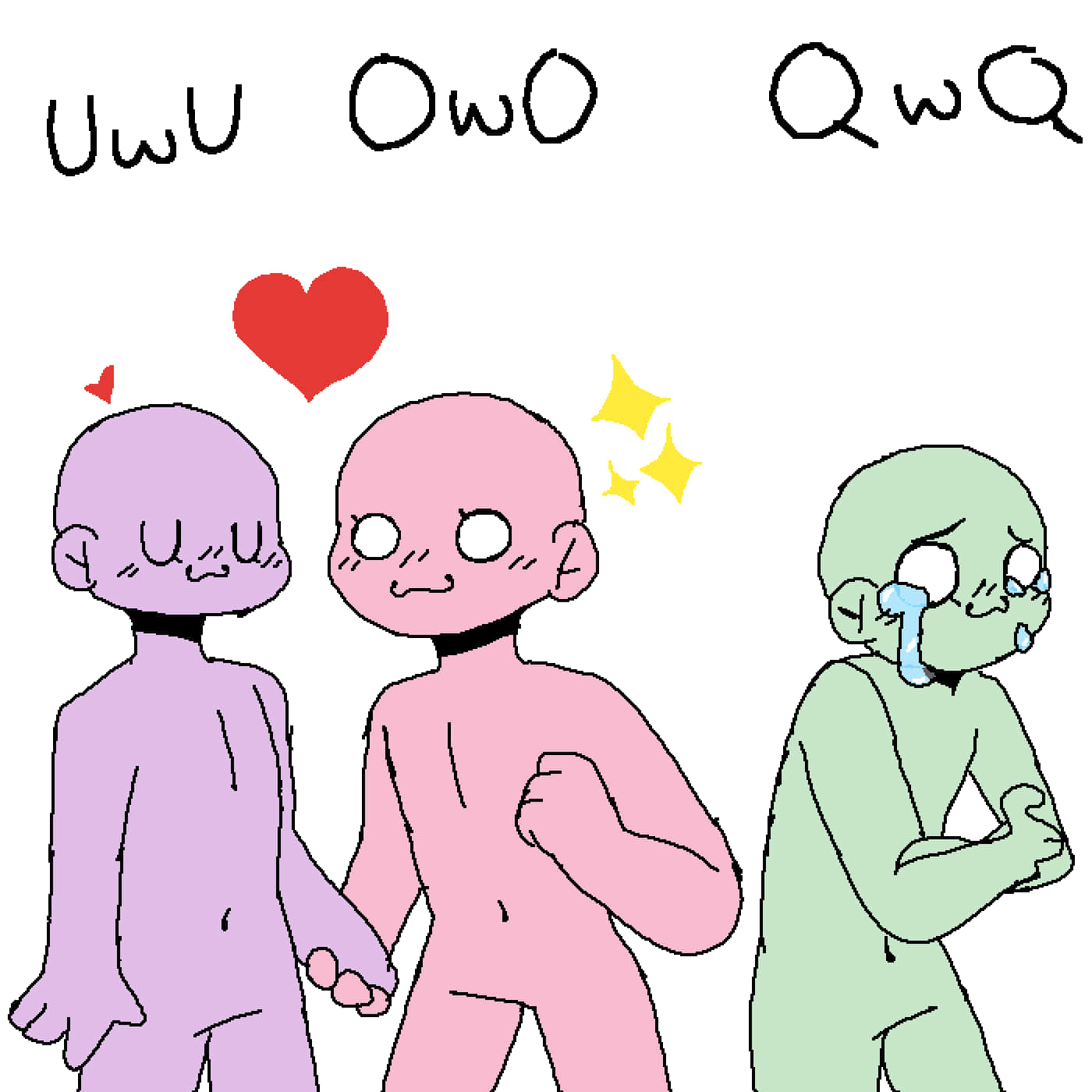 uwu 桌布 壁紙 — 三個禿頭卡通人物以粉彩顏色，用表情符號和頭頂上的閃光表達喜悅、悲傷和愛。