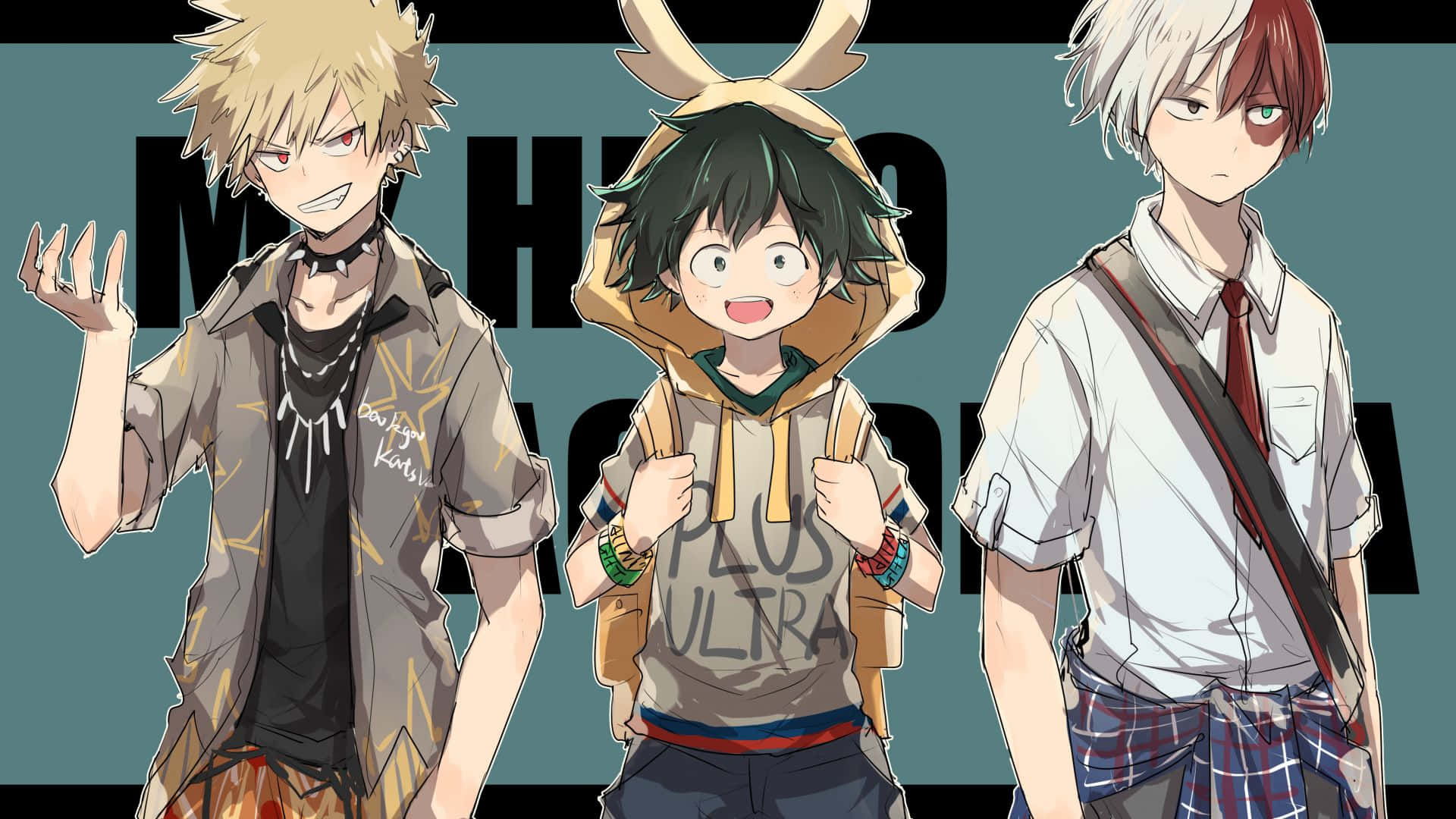 Deku And Todoroki 桌布 壁紙 — 三個穿著不同服裝和表情的動畫男孩站在青綠色背景上，帶有粗體文字。