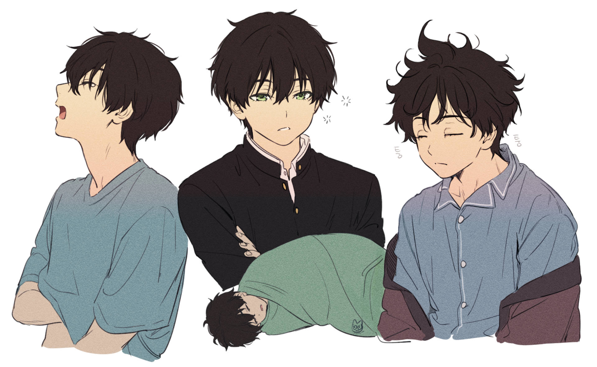折木奉太郎 桌布 壁紙 — 三個穿著休閒服的動漫男孩在純白色背景前展現從快樂到困倦的對比表情。