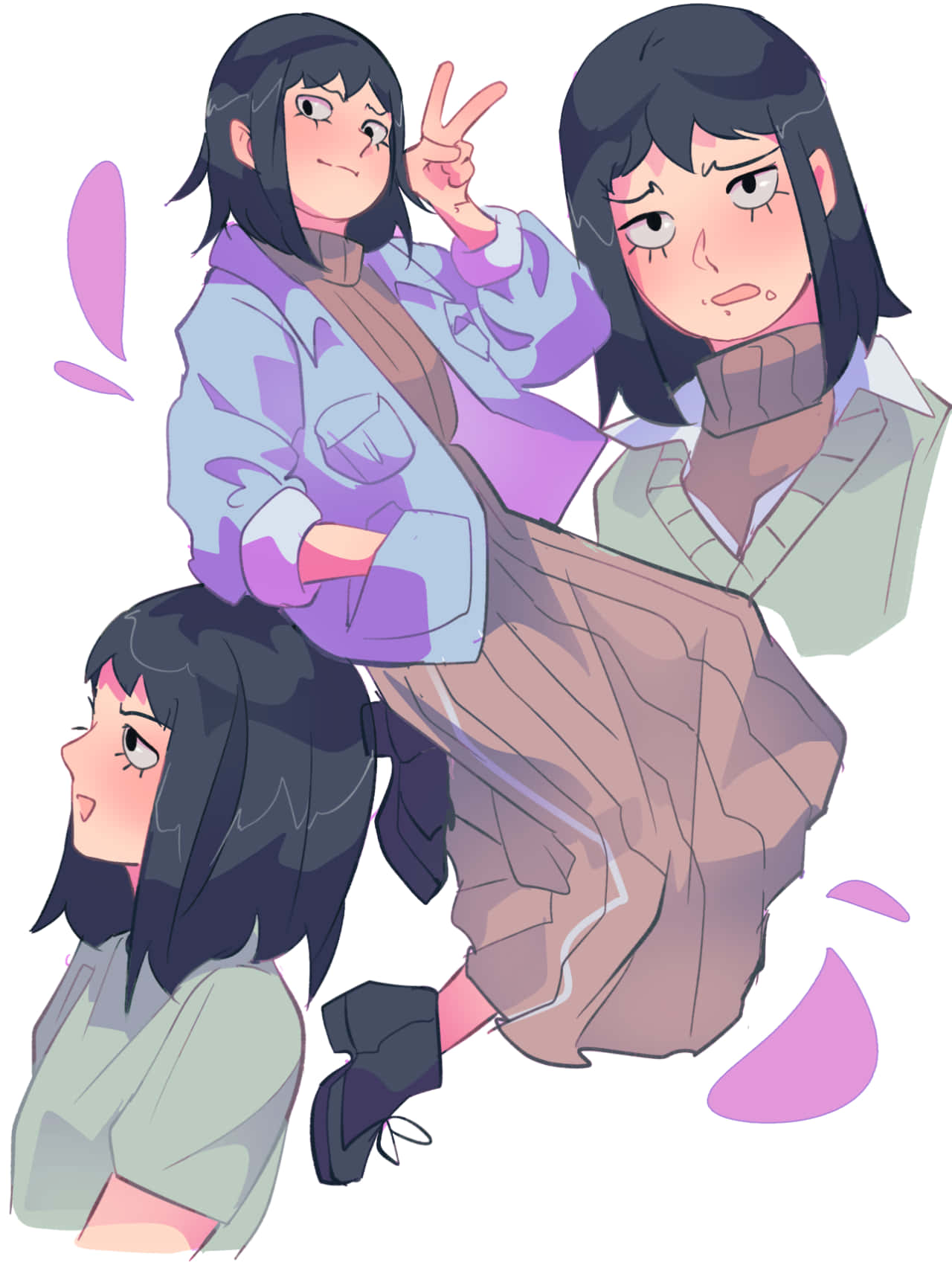 Tome Kurata 桌布 壁紙 — 三個穿著休閒服裝的動漫女孩頑皮地擺姿勢，其中一個做出和平手勢，粉紅色閃光在她們周圍飄浮。