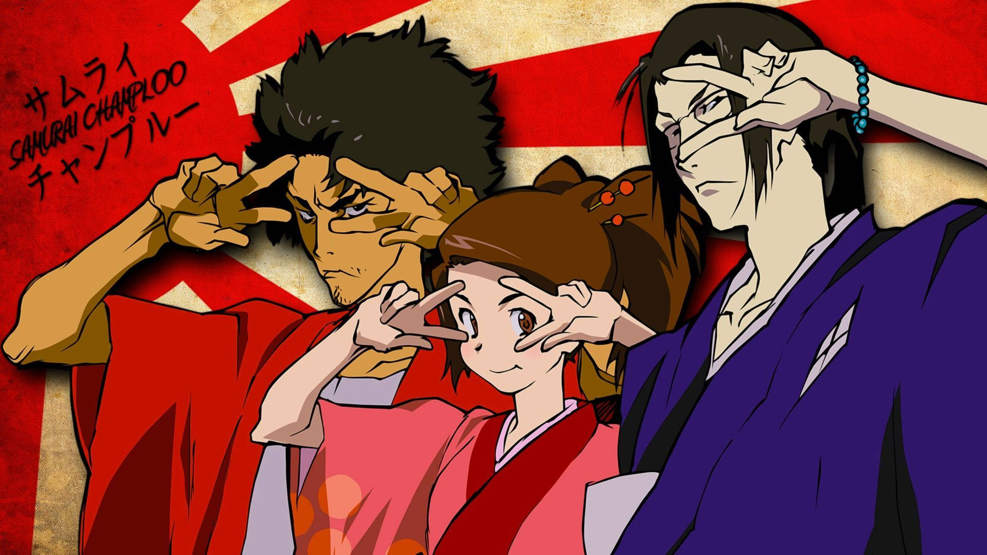 Samurai Champloo 桌布 壁紙 — 三個穿著傳統日本服裝的動漫角色，在紅白旗幟背景下，雙手靠近眼睛擺姿勢。