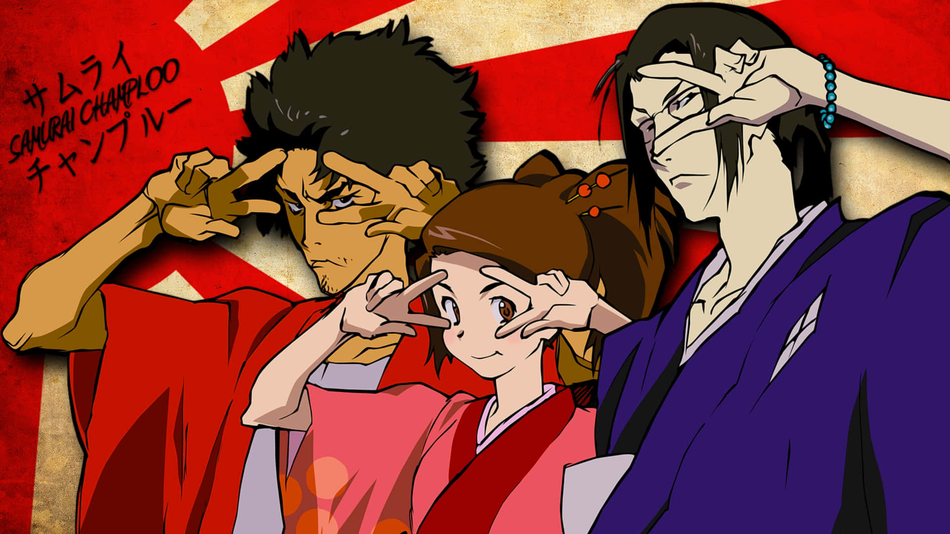 動漫 桌布 壁紙 — 三個穿著傳統日本服裝的動漫角色，在紅白旗幟背景下，雙手靠近眼睛擺姿勢。
