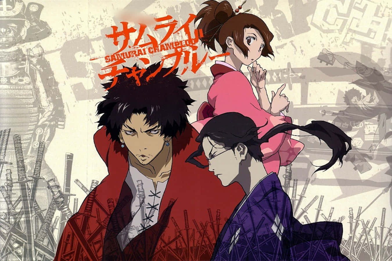 動漫 桌布 壁紙 — 三個穿著傳統日本服裝的動漫角色站在武士刀和褪色戰鬥圖像的背景中。