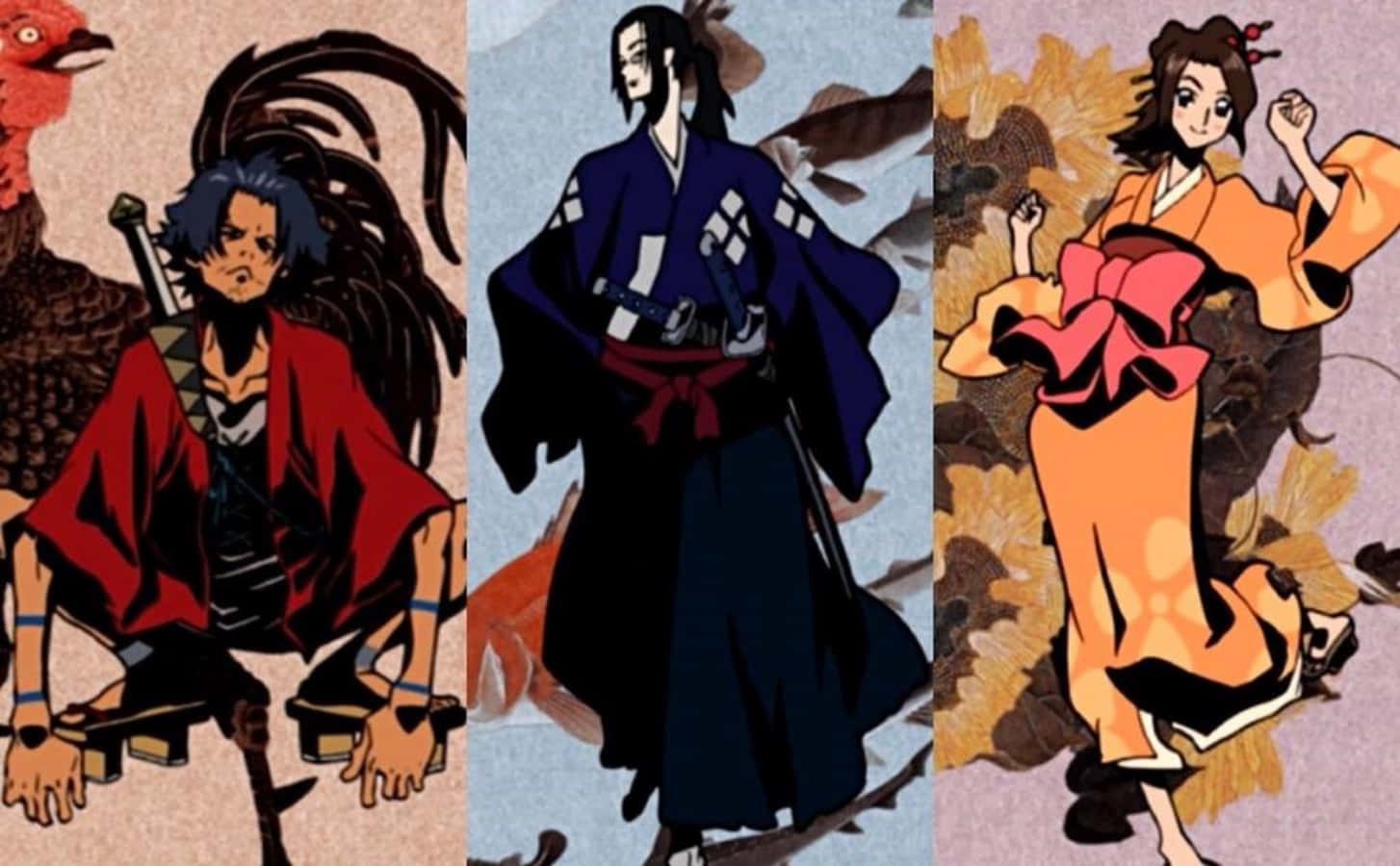 動漫 桌布 壁紙 — 三個穿著傳統日本服飾的動漫角色，站在風格化的背景前，帶有粗獷的筆觸和鮮豔的色彩。