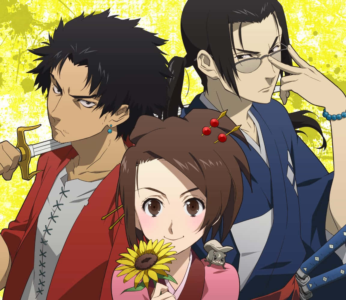 Samurai Champloo 桌布 壁紙 — 三個穿著傳統日本服飾的動漫角色在鮮黃色背景前擺姿勢，其中一個拿著向日葵。