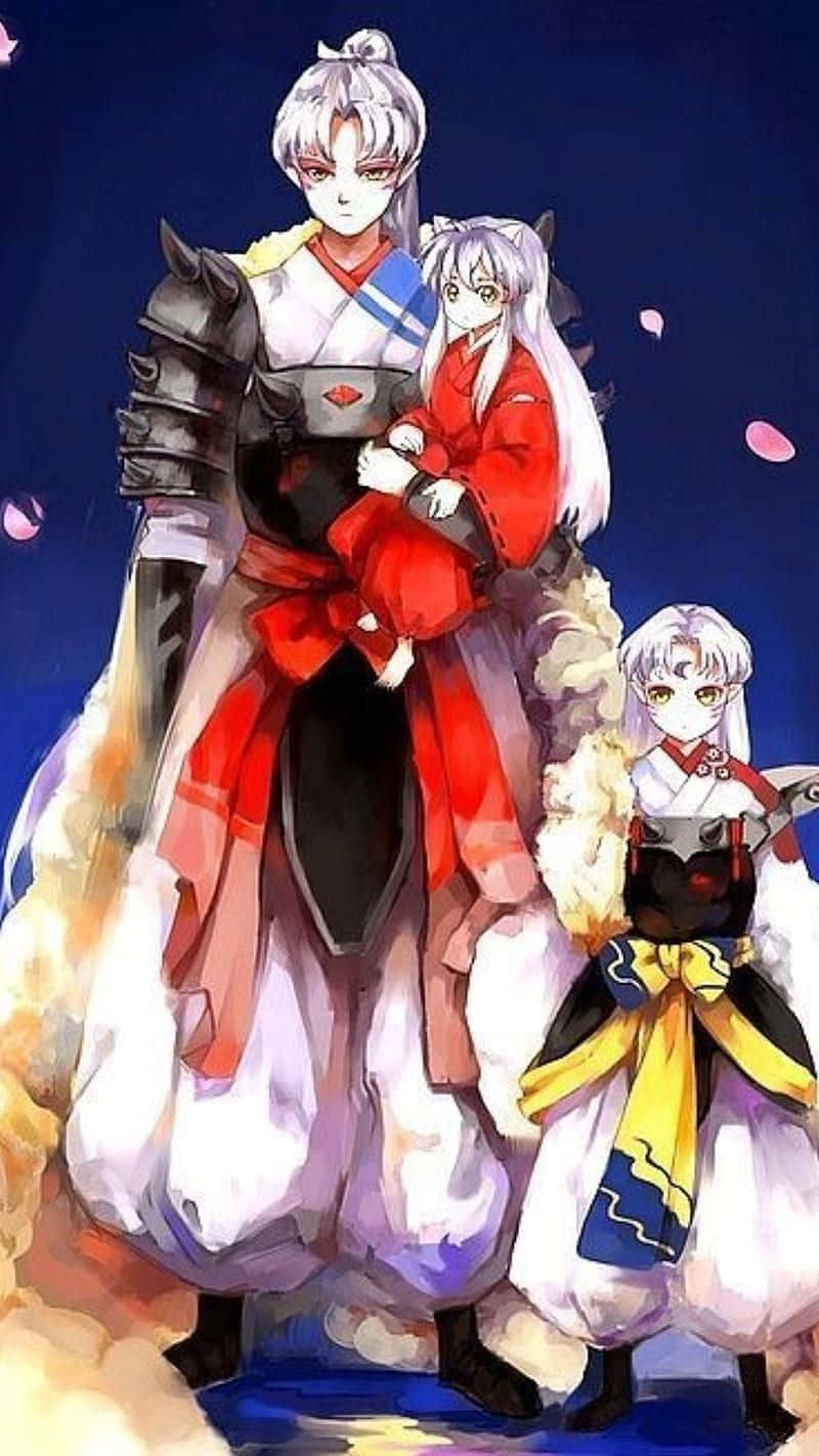 Inuyasha And Sesshomaru 桌布 壁紙 — 三個穿著傳統日本服飾的動漫角色站在深藍色的天空下，粉紅色的花瓣飄落。