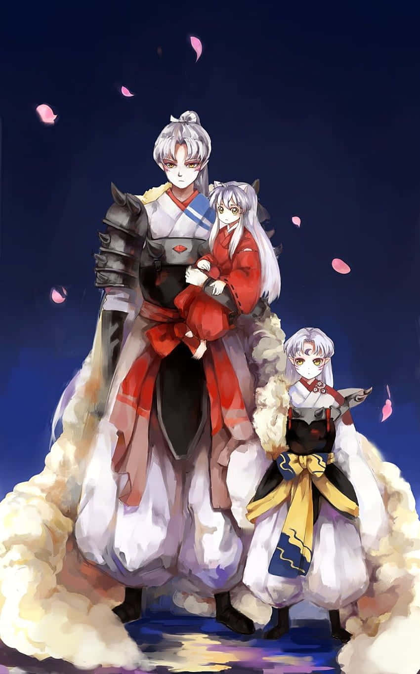 Sesshomaru 桌布 壁紙 — 三個穿著傳統日本服飾的動漫角色站在雲端上，背景是深藍色的天空，粉紅色的花瓣飄落。