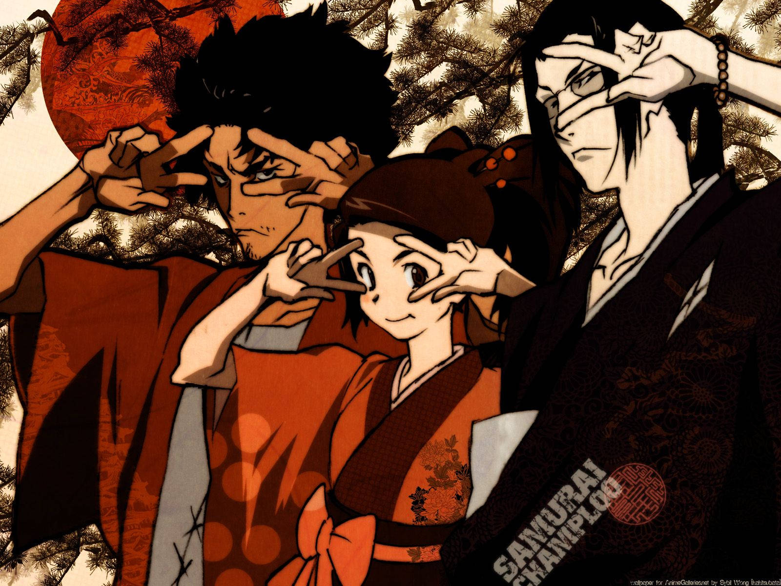Samurai Champloo 桌布 壁紙 — 三個穿著傳統長袍的動漫角色，在紅日和松枝背景下，雙手靠近臉部擺姿勢。