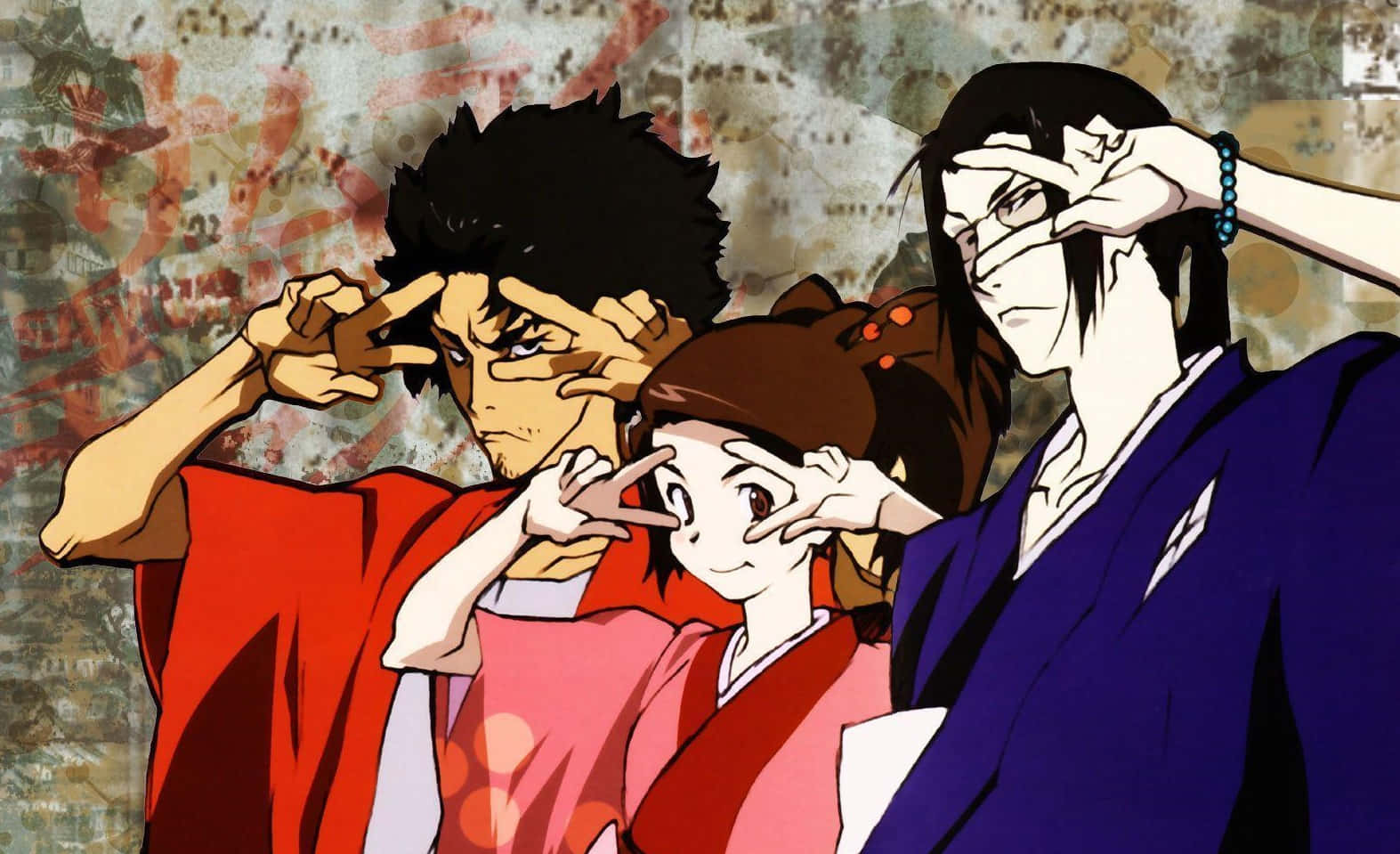 混沌武士 桌布 壁紙 — 三個穿著傳統長袍的動漫角色在紋理背景前將手靠近眼睛擺姿勢。