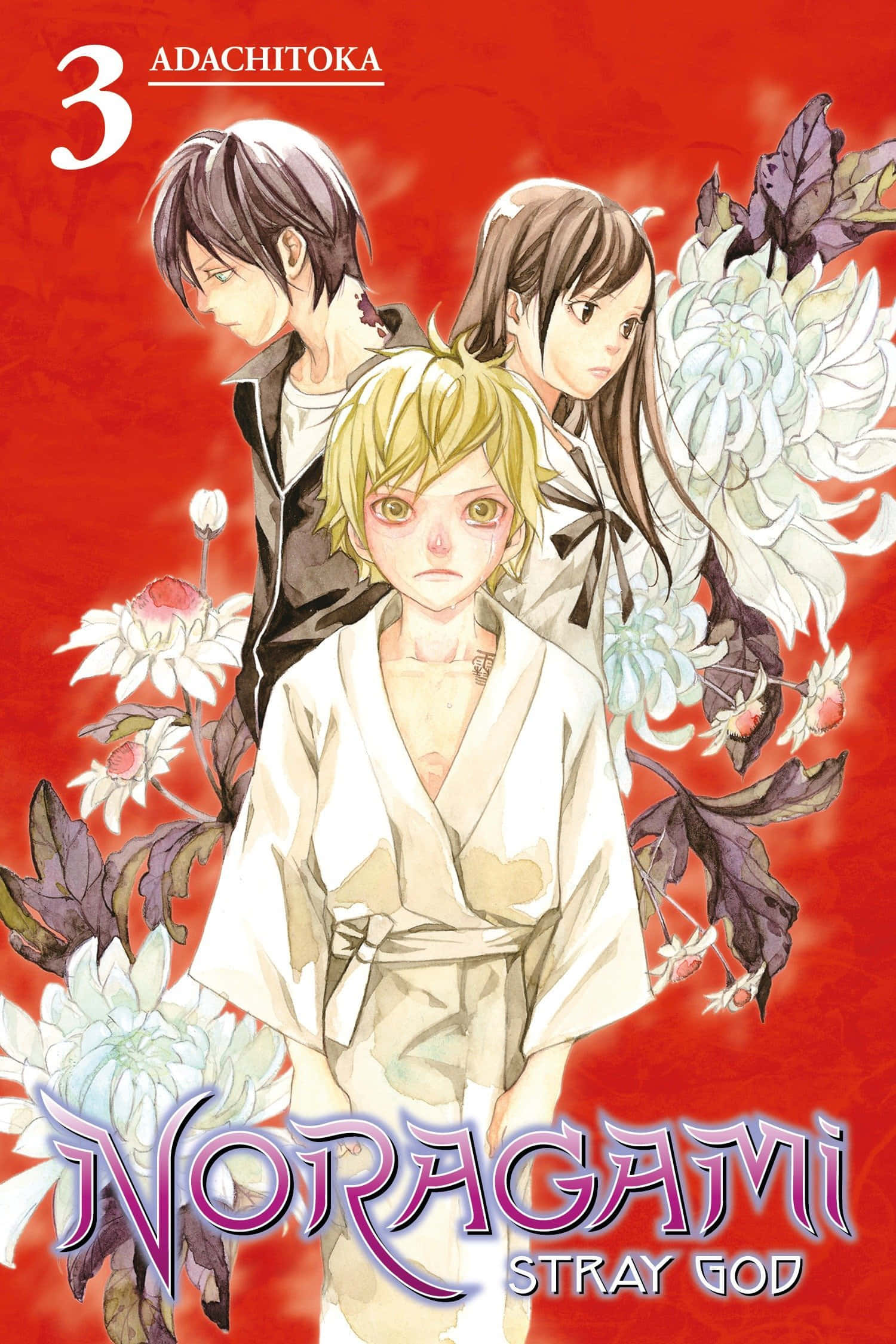 Noragami 桌布 壁紙 — 三個穿著傳統長袍的動漫角色站在以白色菊花裝飾的鮮紅色背景前。