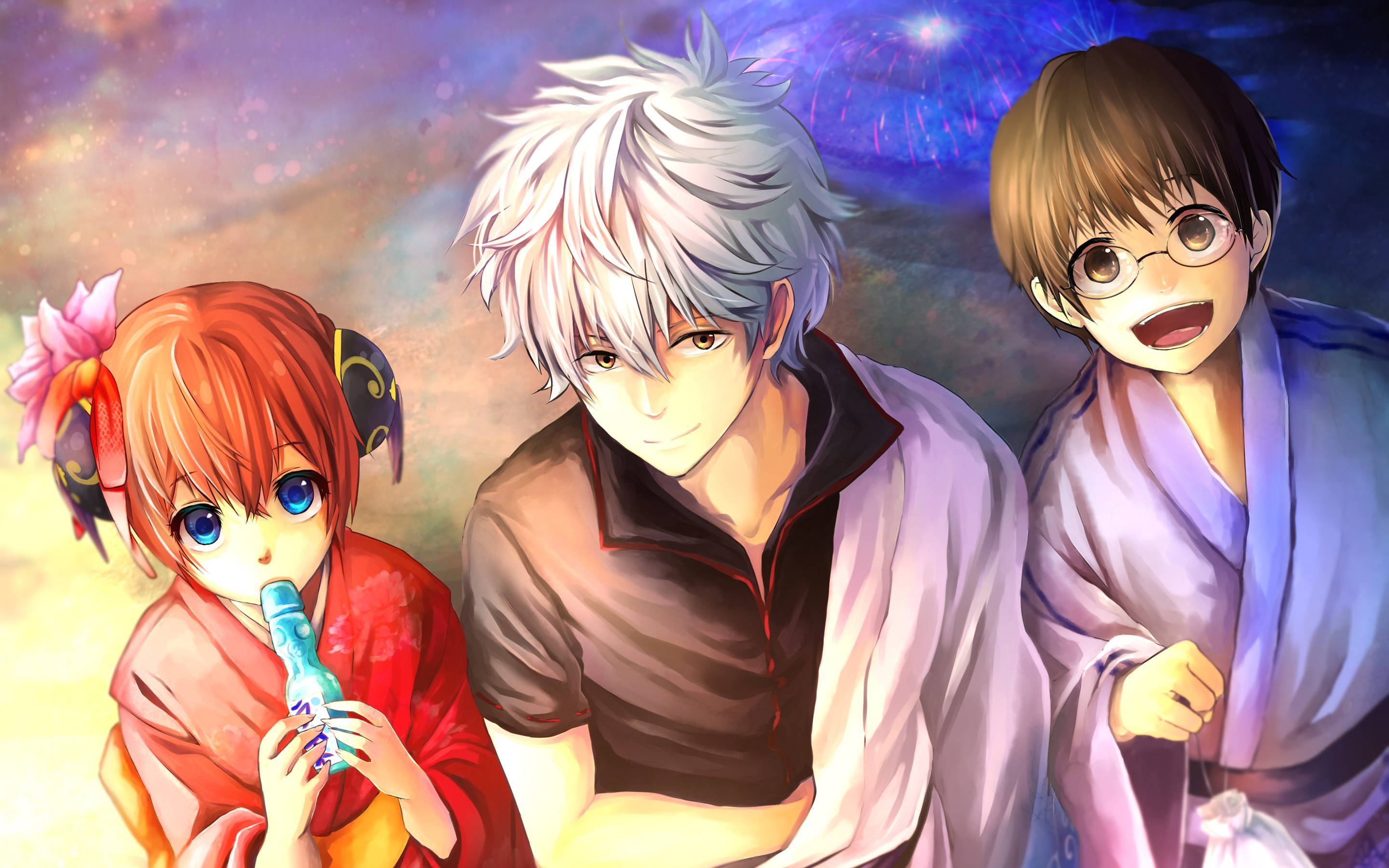 Top Anime 桌布 壁紙 — 三個穿著傳統長袍的動漫角色站在宇宙天空前，背景有發光粒子和星色彩調。