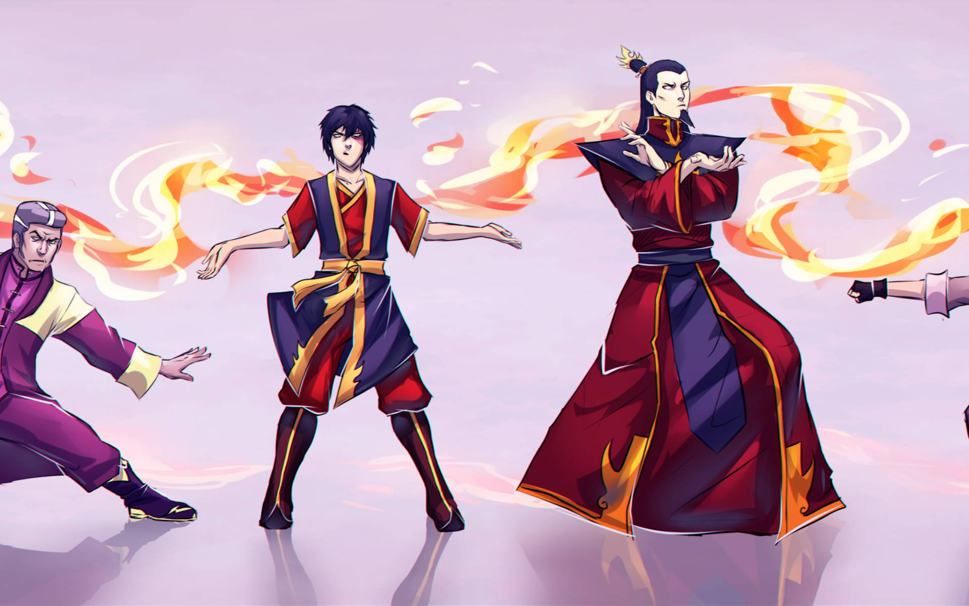 動漫角色在薰衣草背景下以戰鬥姿勢揮舞火焰。 — Fire Emblem Warriors 壁紙